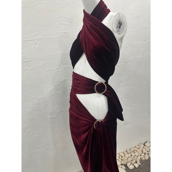 Bronx and Banco Velvet Cleopatra Wrap Maxi Dress Burgundy Women's Size 4 - Picture 3 of 7